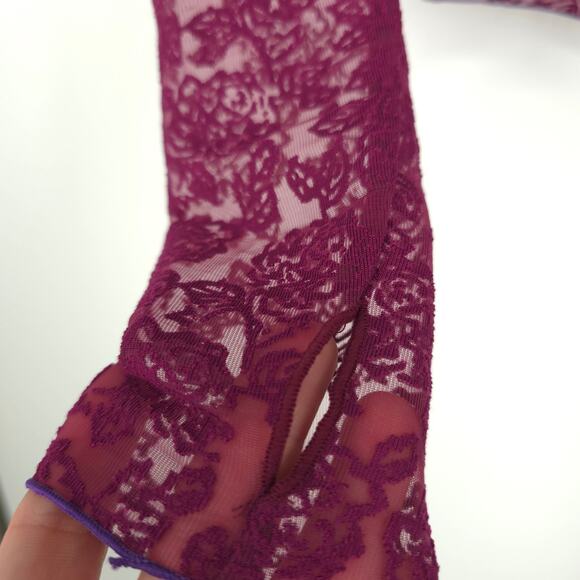 Free People Intimately Maroon Mesh Floral Long Sleeve Top Size Medium - Picture 7 of 9